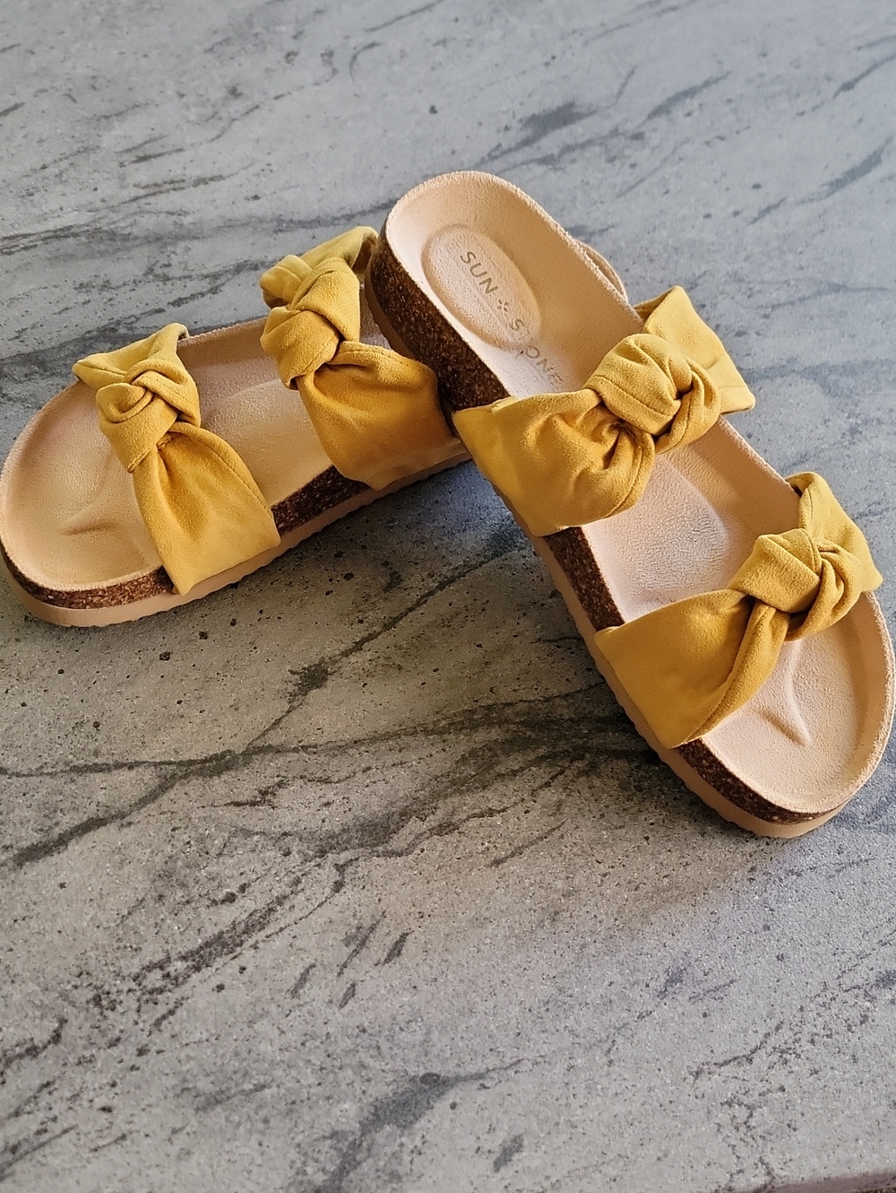 SUN+STONE ASTRID Knotted Faux Suede Slide Sandals Golden Yellow Size 8